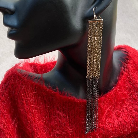 Two Toned Long Multi Chain Drop Earrings - Picture 1 of 11